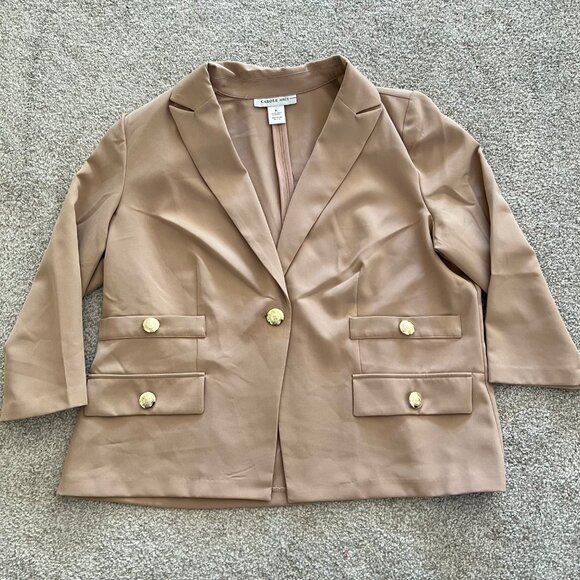 Carole Wren Tan Beige Blazer with Gold Buttons 3/4 Sleeve Career Office Chic XL - Picture 5 of 11